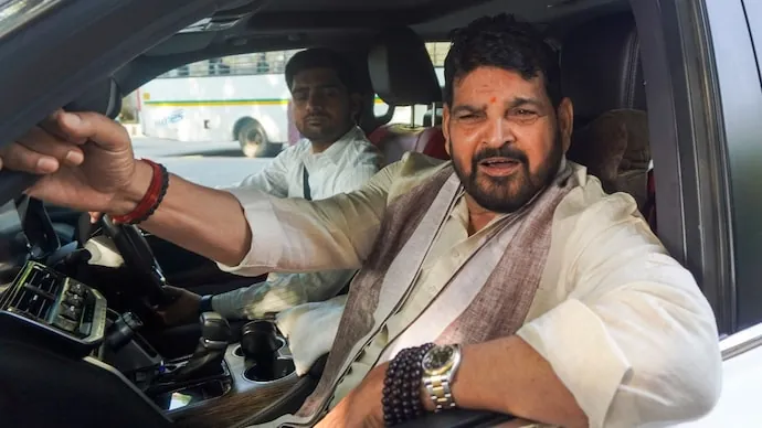 Brij Bhushan Sharan Singh addressing reporters and supporters after his acquittal on August 3, 2026