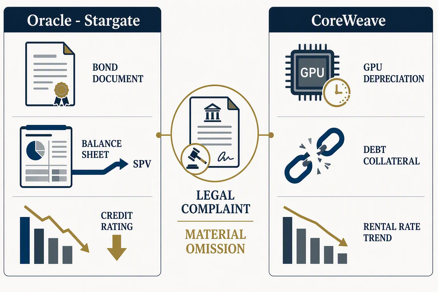 Side-by-side comparison of Oracle Stargate and CoreWeave material omission theories