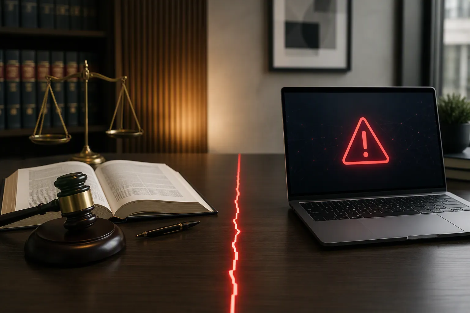 Law office desk with a legal document and gavel beside a laptop showing an interruption symbol