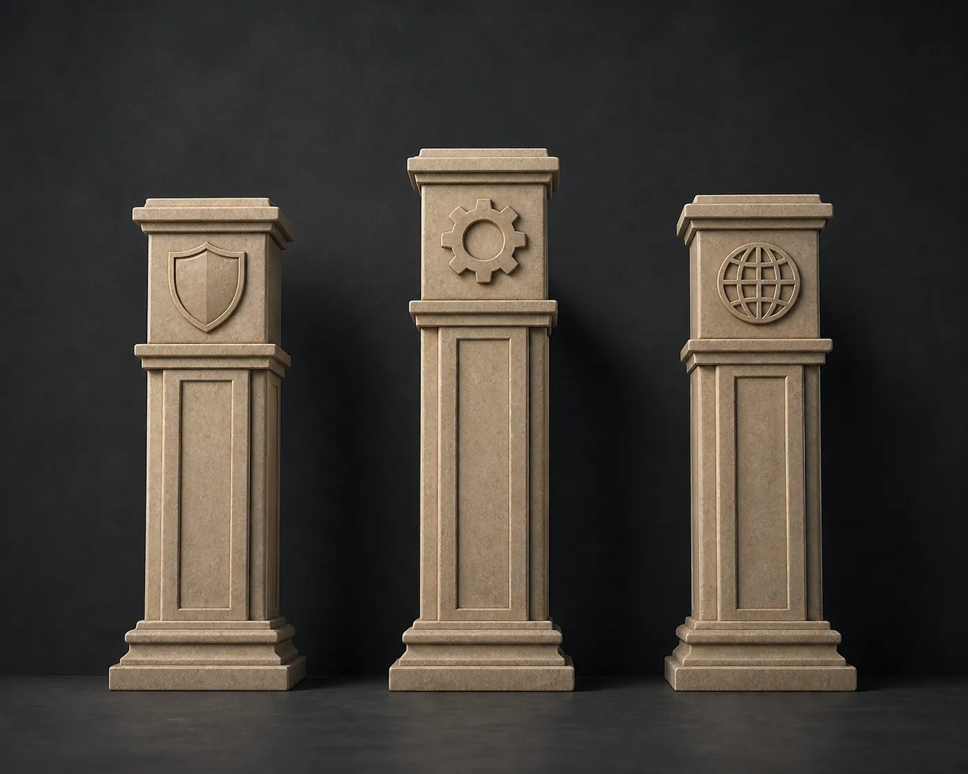 Three separate stone pillars with different emblems, showing EXIM, DFC, and USTDA as distinct authorities