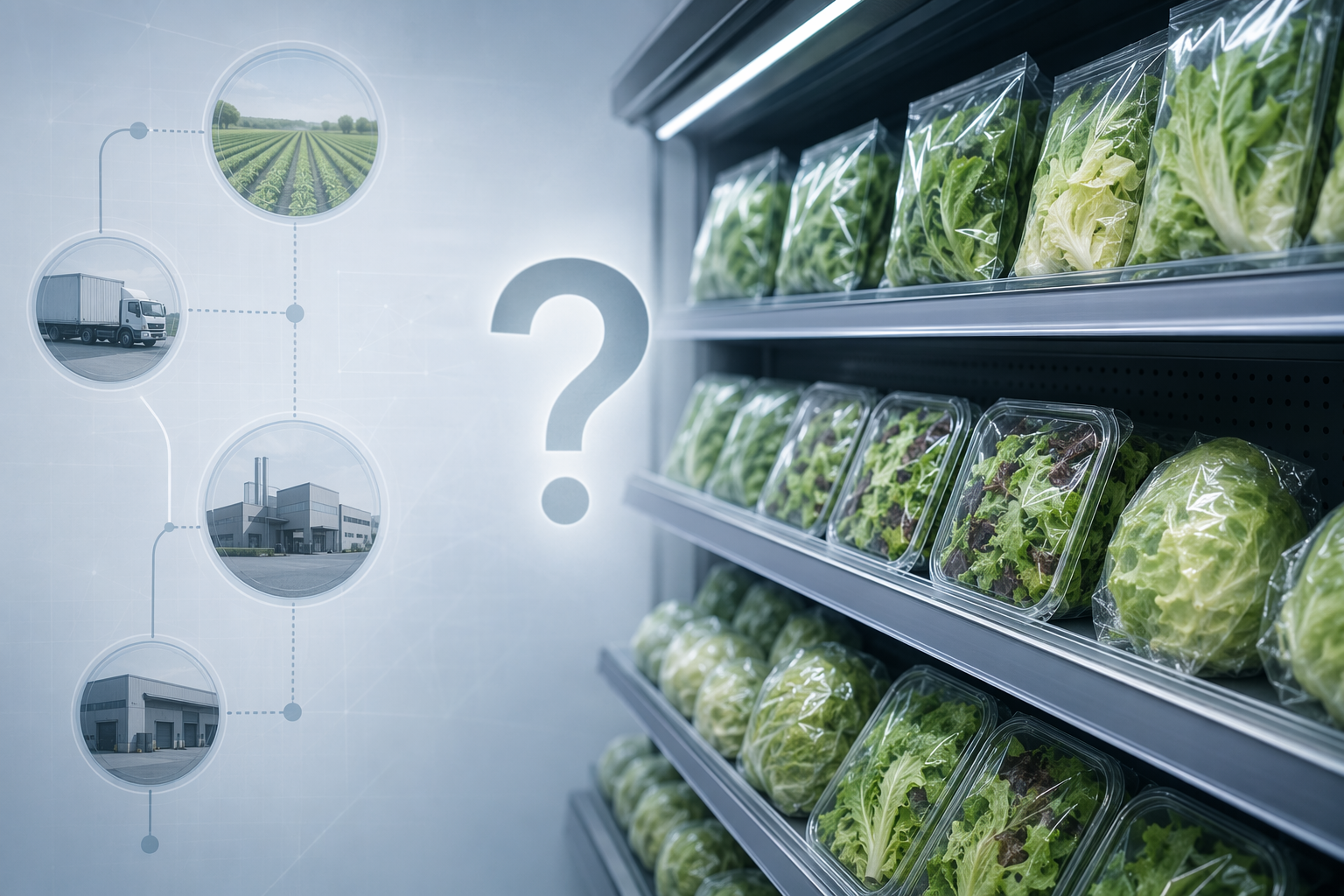Packaged lettuce on a grocery shelf with a supply chain diagram suggesting legal liability uncertainty