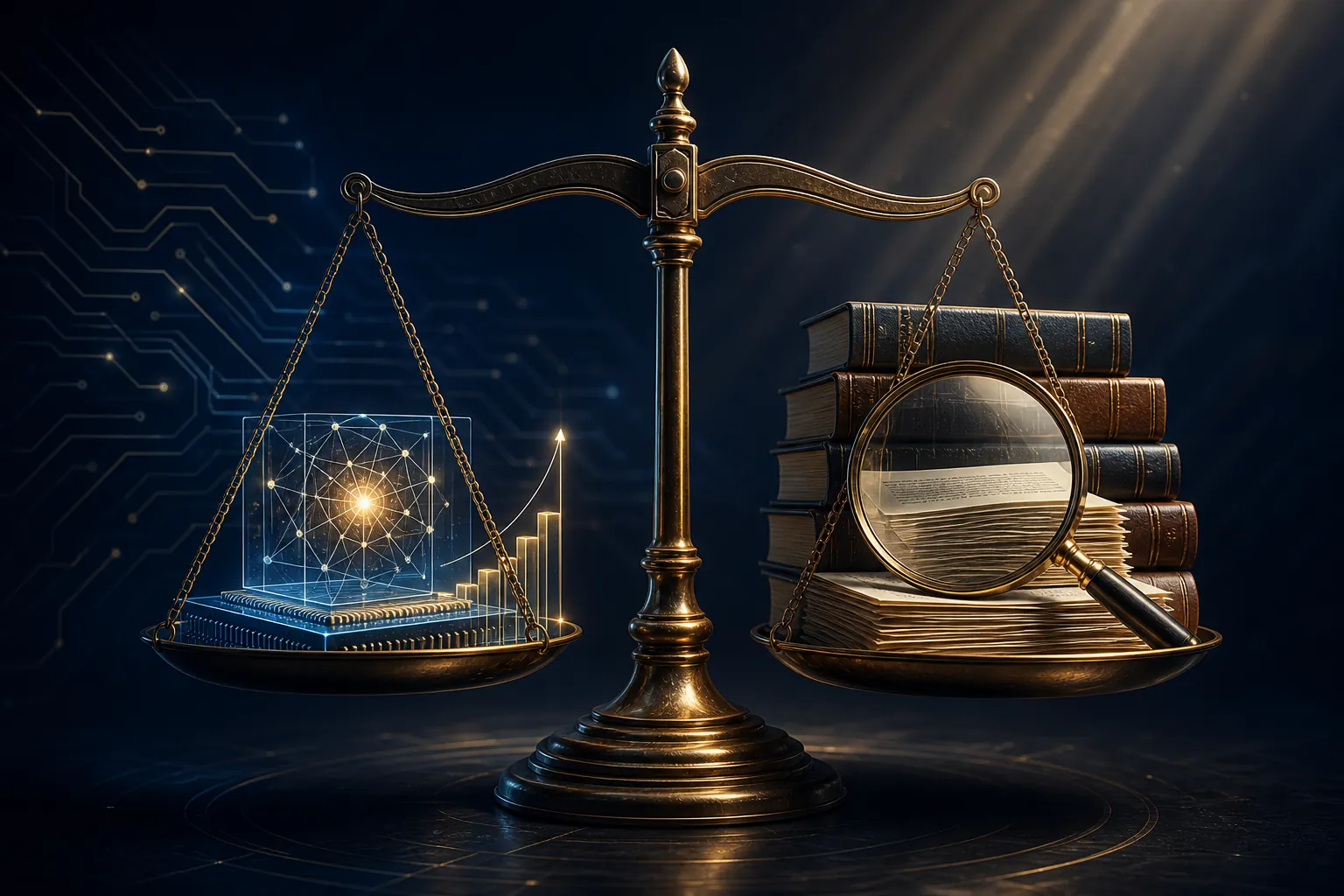 Balance scale comparing an AI benchmark score with verified legal authority