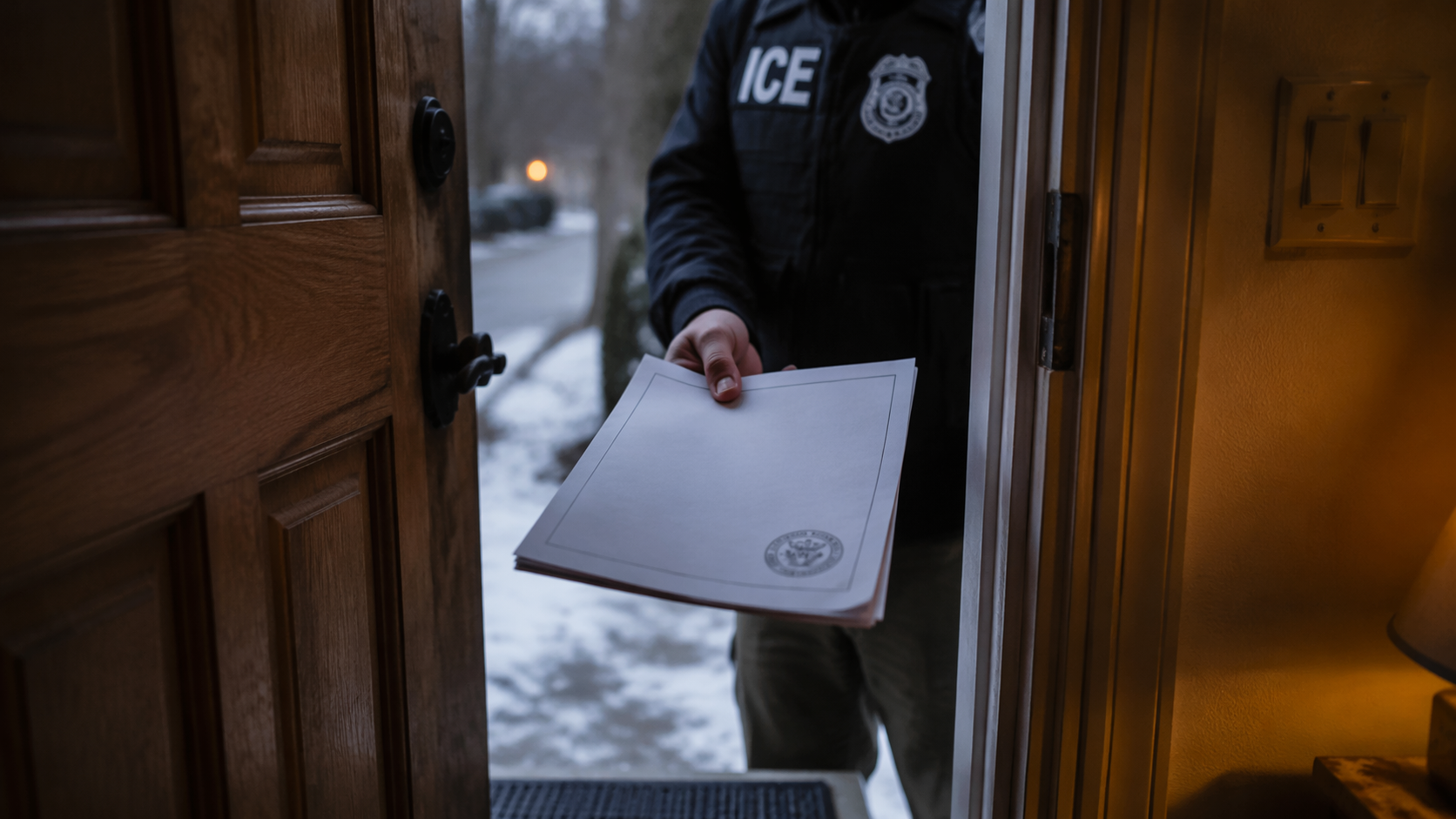 ICE officer holding a government document at the threshold of a residential doorway