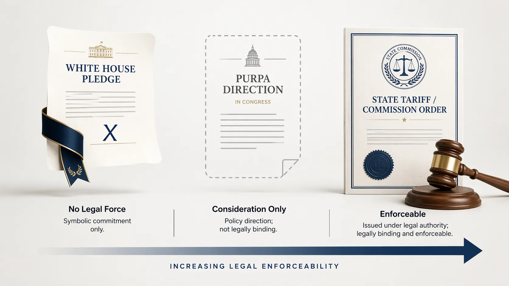 Legal enforceability spectrum from White House pledge to PURPA direction to state tariff or commission order