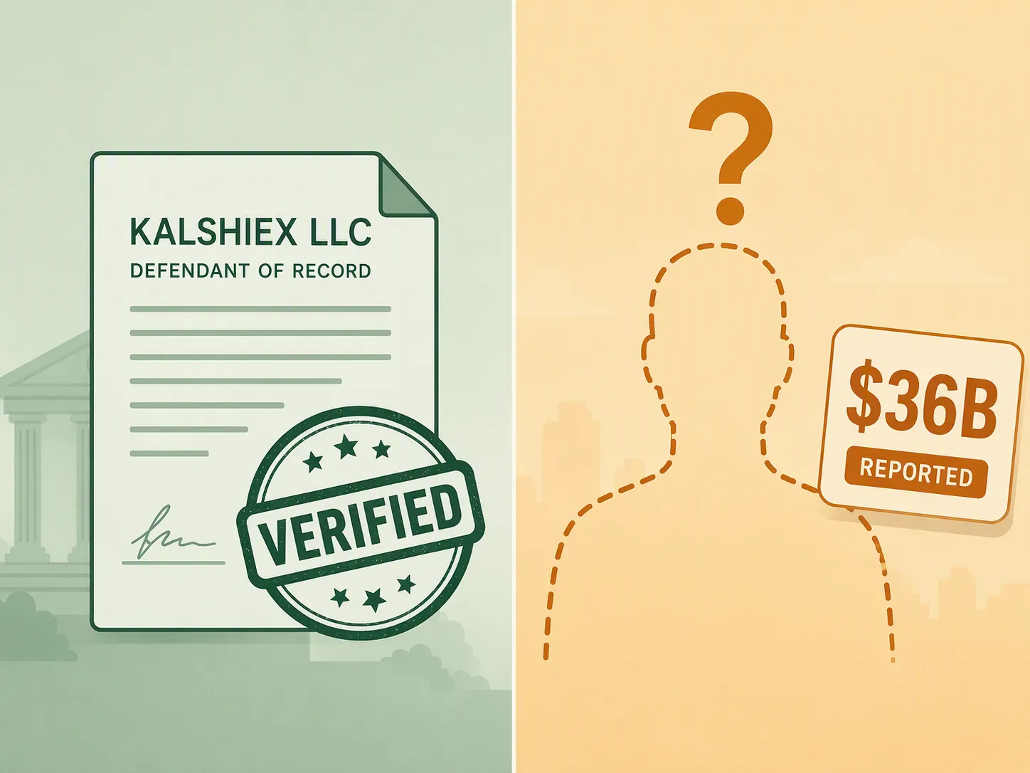 Verified corporate defendant panel beside reported individual-status and 36 billion exposure panel