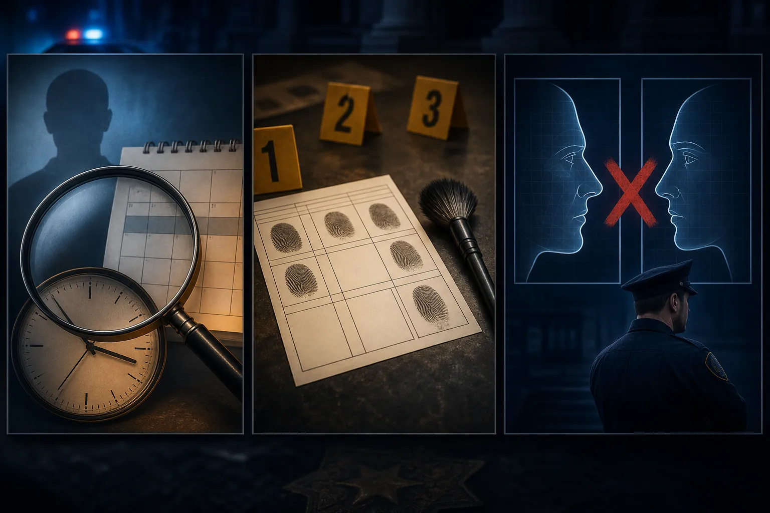 Three panels showing a skipped alibi check, unused physical evidence tools, and contradictory face outlines with a police officer looking away