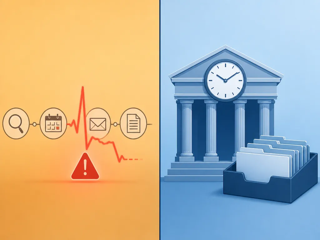 Split diagram showing AI-dependent workflow steps disrupted while court systems and filing clocks continue