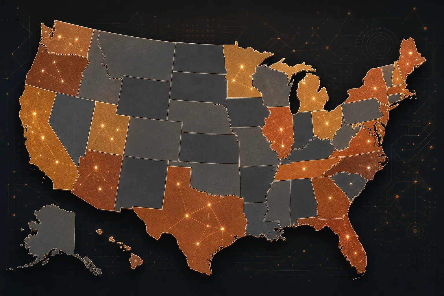 Stylized U.S. map with highlighted states and glowing data nodes showing state-level AI regulation activity