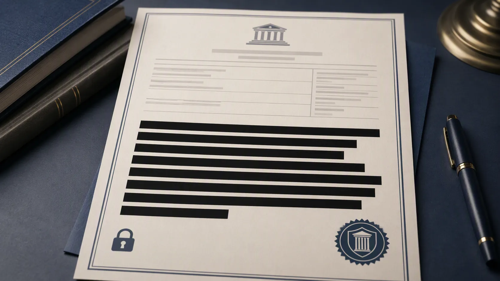 Redacted student-record document with confidentiality seal and padlock