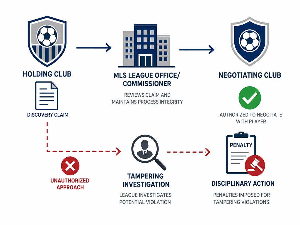 Diagram of MLS discovery rights process showing holding club, league office, negotiating club, and unauthorized approach path