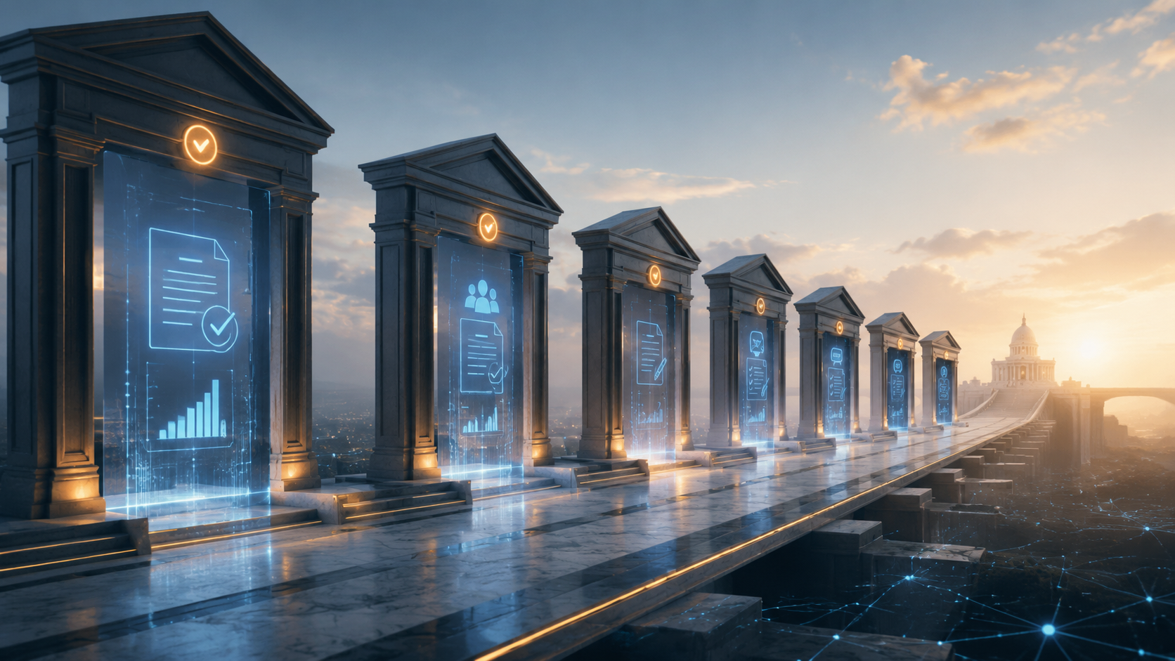 Conceptual illustration of monitored procedural gates in a legislative tracking workflow