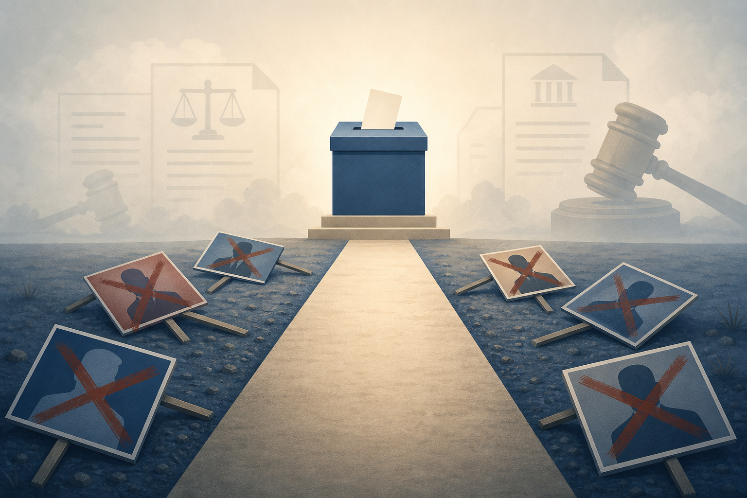 Ballot box at the end of a cleared path with crossed-out campaign signs and faint legal symbols in the background