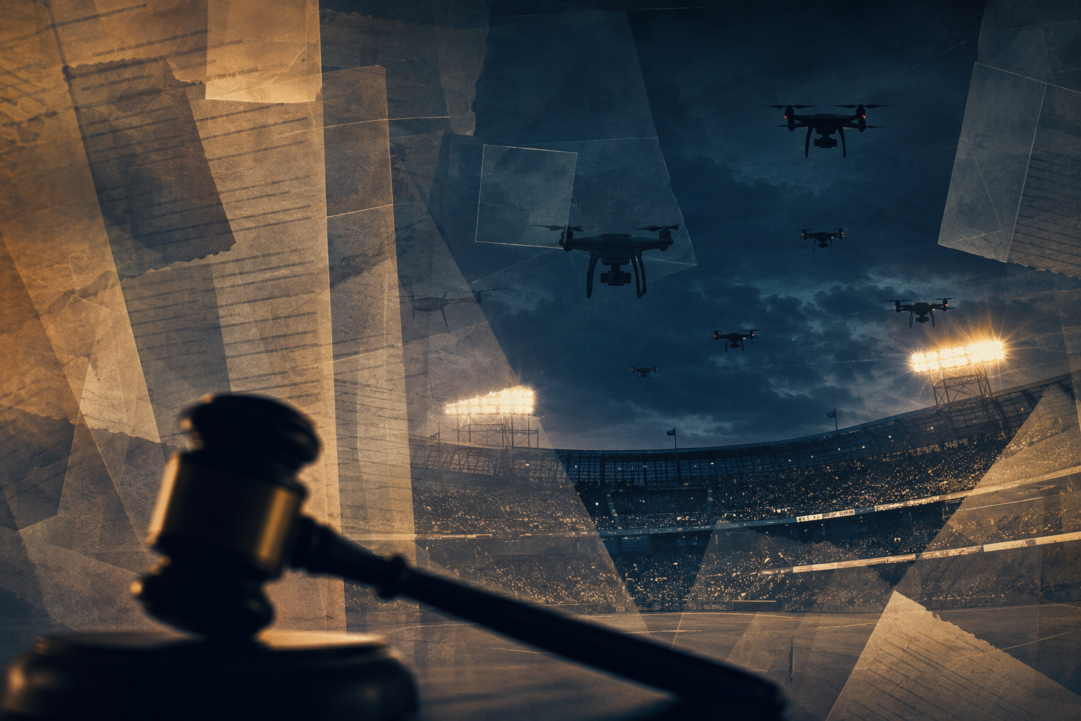 Night stadium with drone silhouettes and legal document imagery
