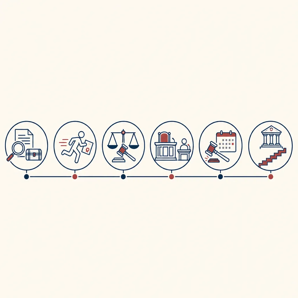 Horizontal chain of icons showing a raid, absconding notice, bail hearing, trial bench, sentencing gavel and appeal staircase