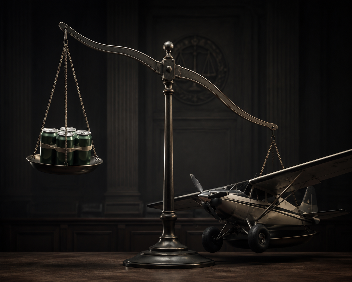 A six-pack of beer weighed against a bush plane on an off-balance justice scale