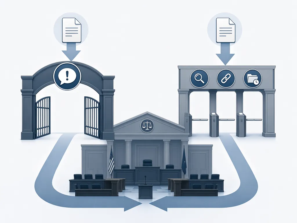 Illustration of evidence entering court through a hearsay-exception gate or through verification, custody, and provenance checkpoints