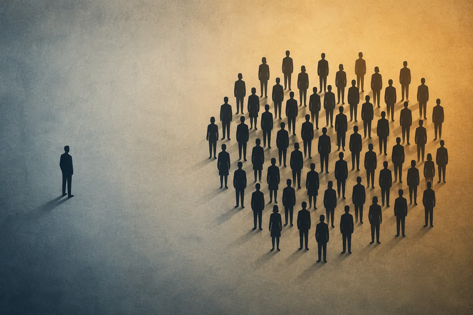 Abstract illustration of one isolated worker facing a much larger group, suggesting organizational imbalance