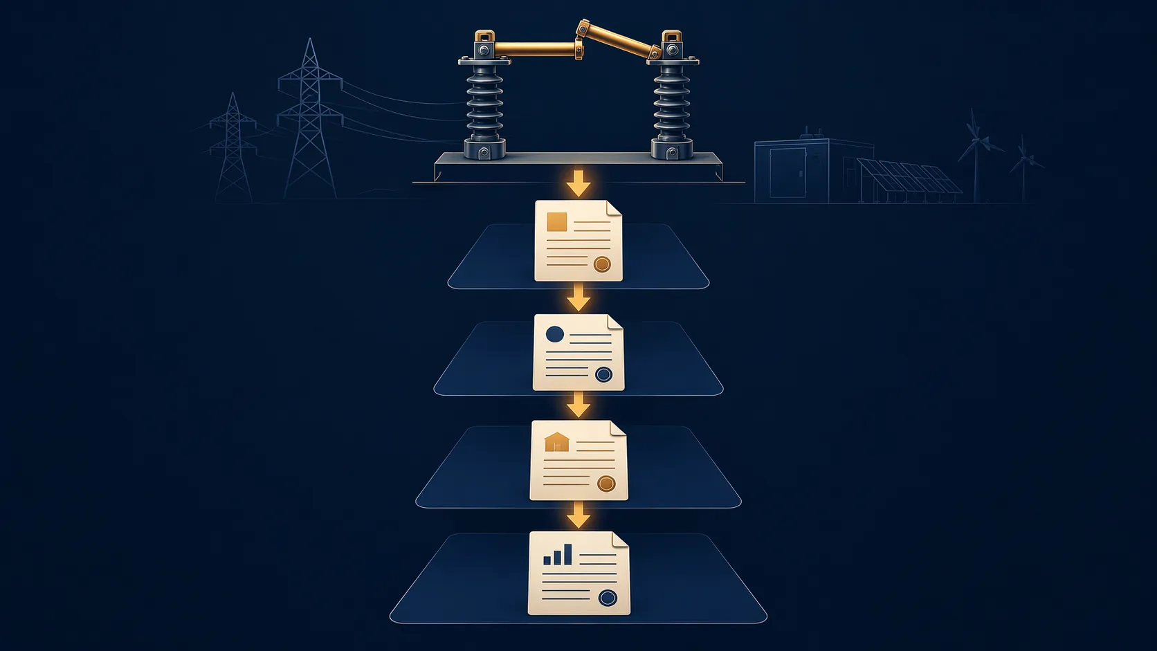 Diagram of a grid disconnect cascading through interconnection agreements, SLAs, leases, and financing covenants
