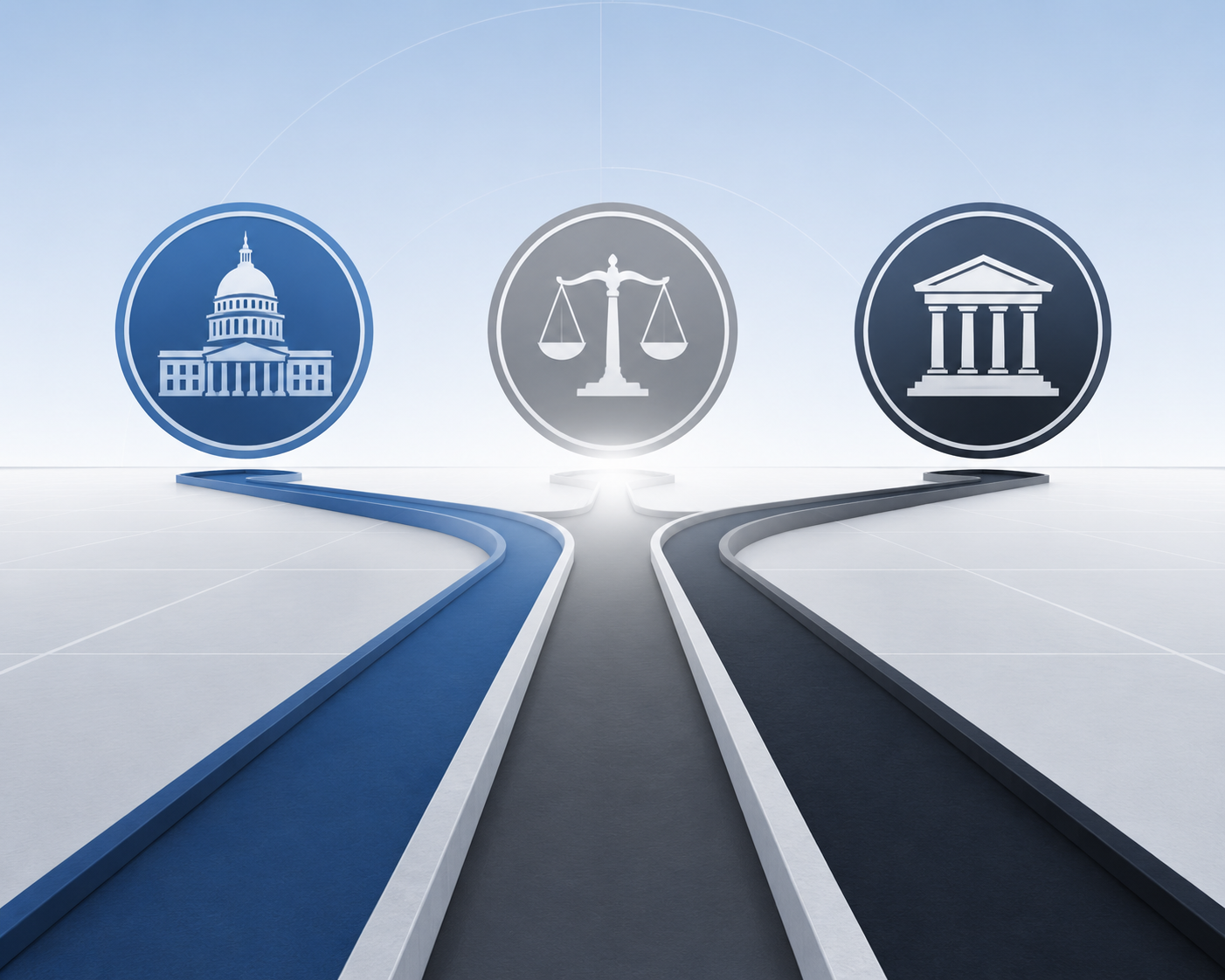 Three separate parallel pathways diverging from a central point to show distinct legal and regulatory tracks