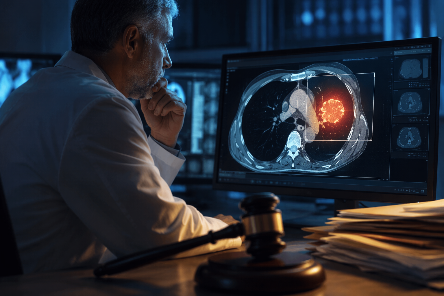 Radiologist reviewing a scan with an AI-highlighted suspicious lesion beside courtroom documents and a gavel