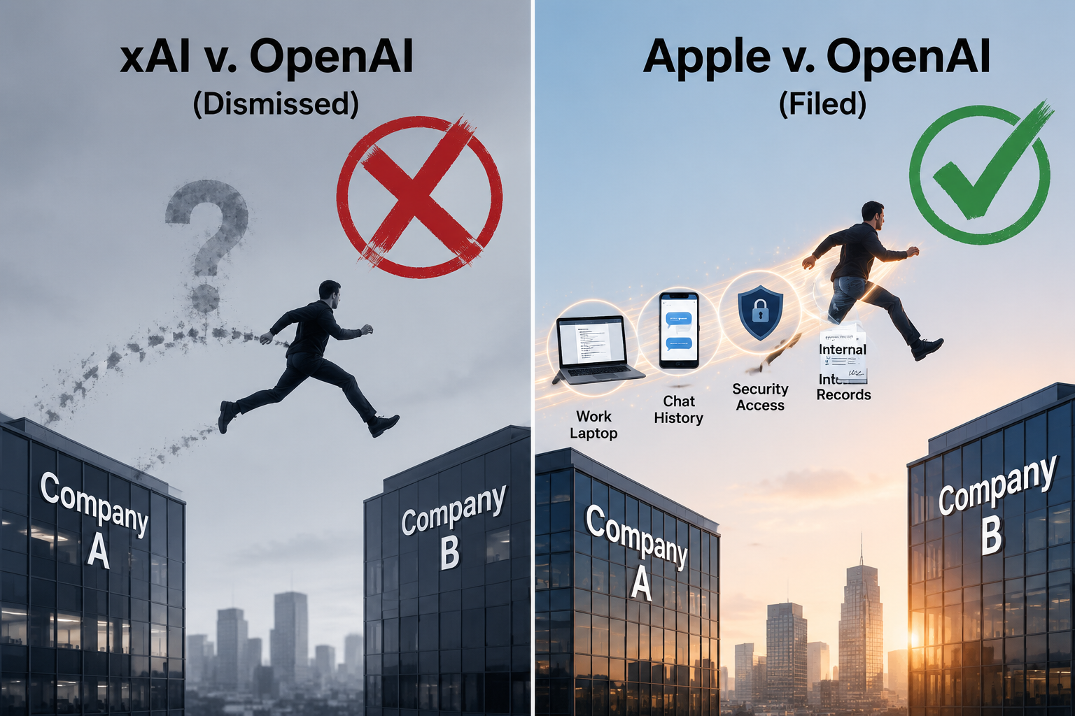 Split comparison of xAI v OpenAI dismissal and Apple v OpenAI filing with concrete evidence icons