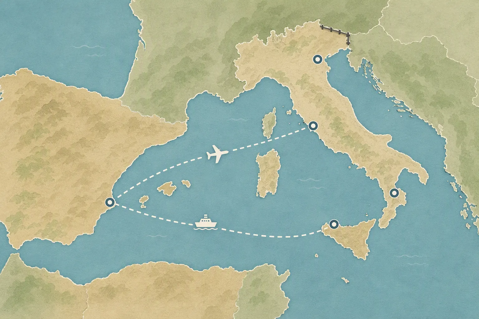 Map showing air and ferry routes between Spain and Italy with checkpoint markers at Italian airports and ports