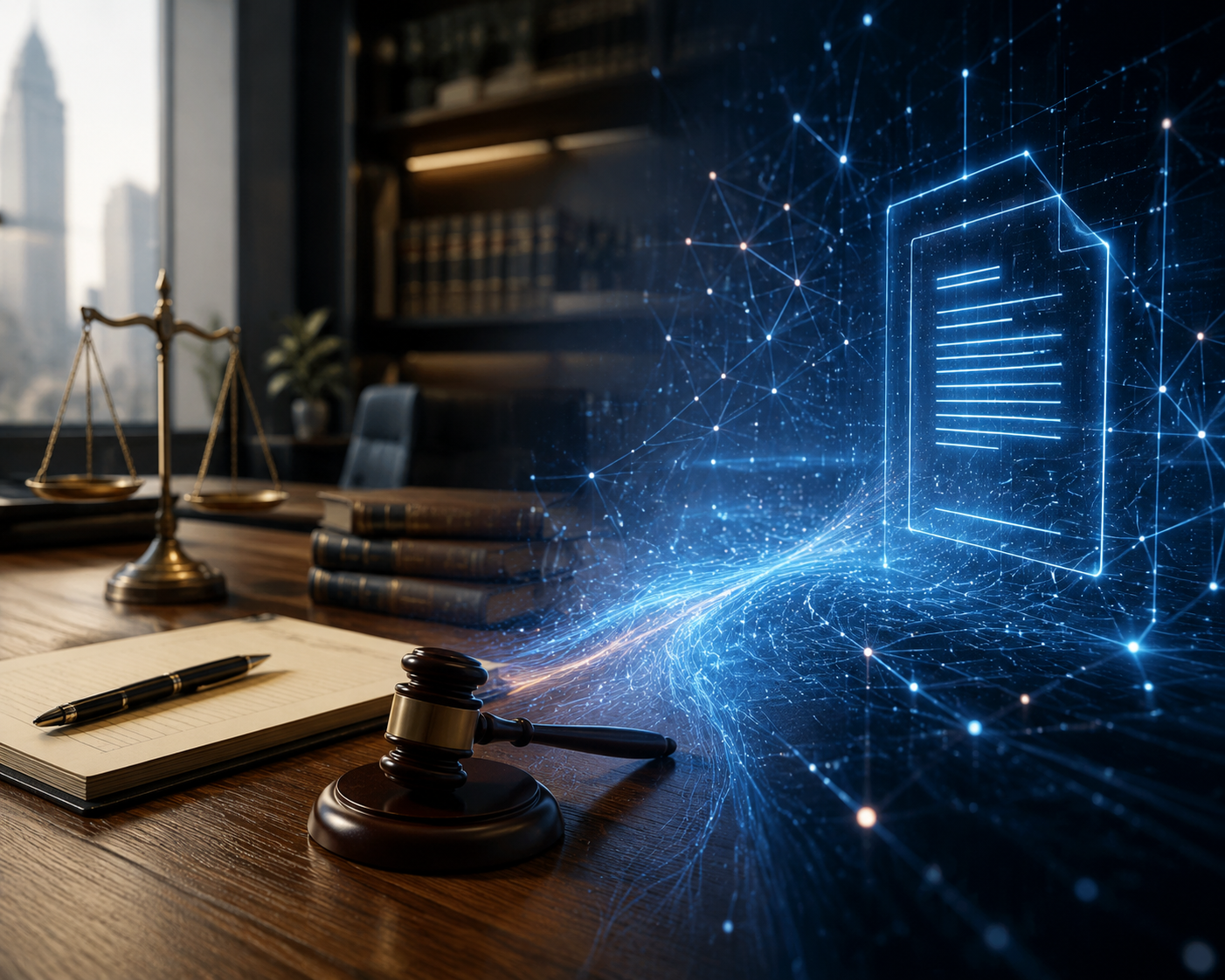 Traditional law office materials blending into digital data streams and AI document outlines
