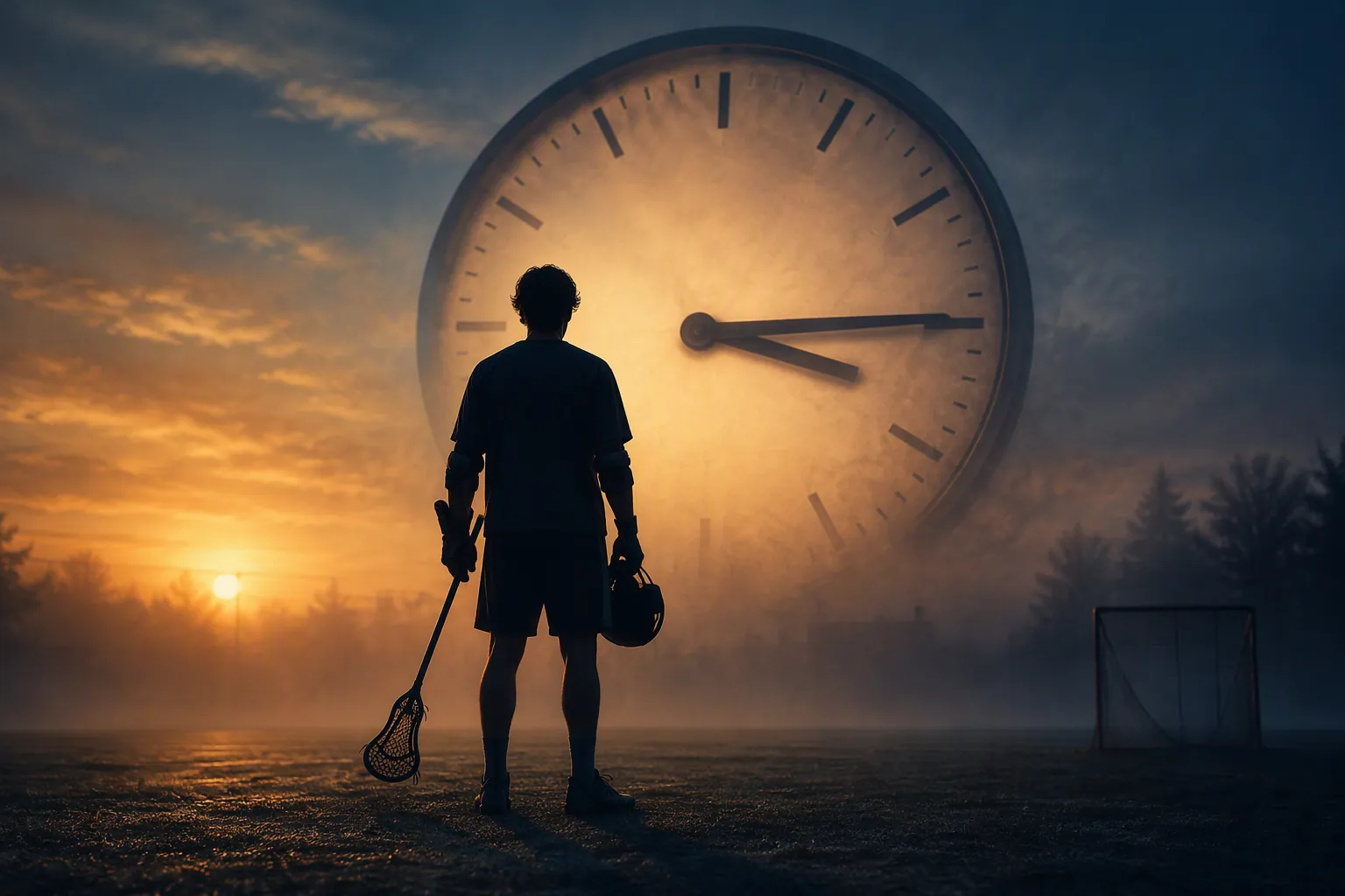 Silhouetted lacrosse player on a misty field beneath a stopped eligibility clock