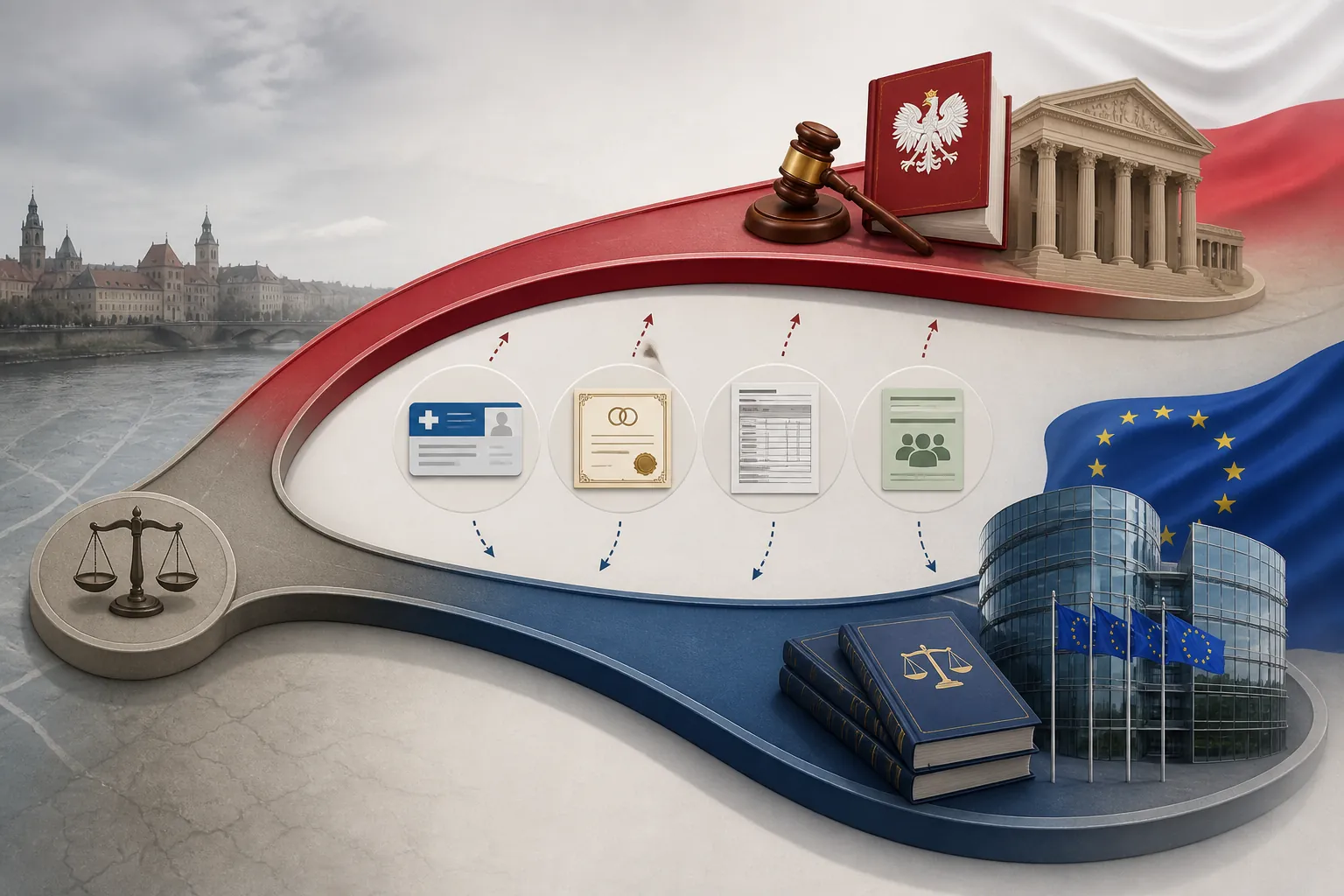 Two diverging legal tracks with Polish constitutional and EU symbols around health insurance, tax, social security, and marriage documents