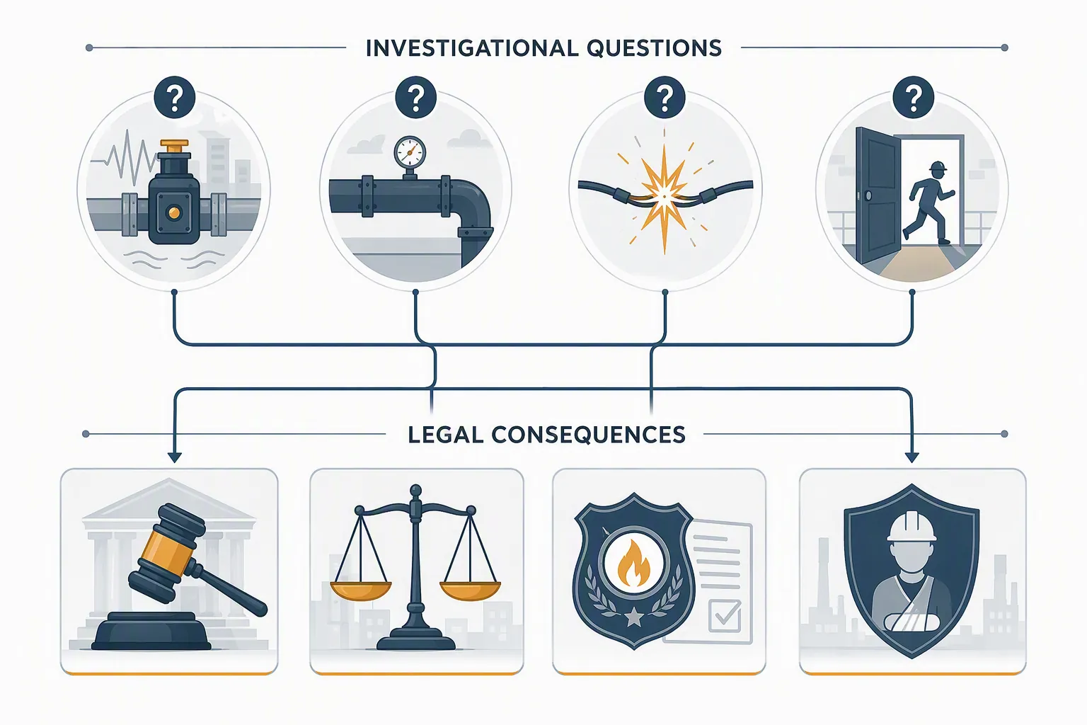 Four unresolved investigation questions mapped to criminal, civil, regulatory, and workers' compensation consequences