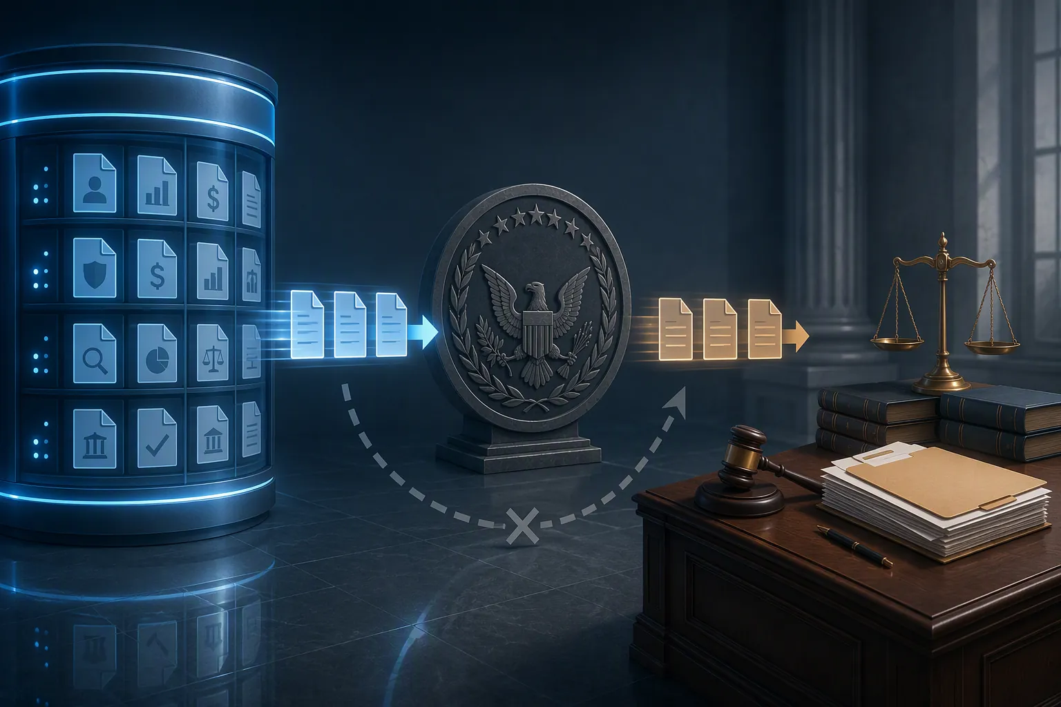 Database records bypassing an oversight checkpoint before reaching a prosecutor desk