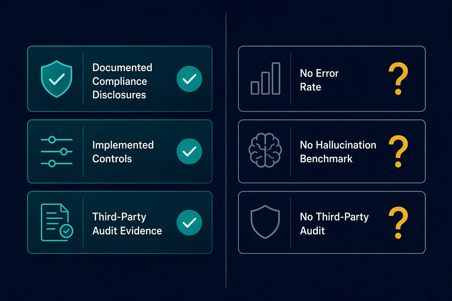 Comparison of documented compliance-control disclosures against missing reliability evidence such as error rates and third-party audits