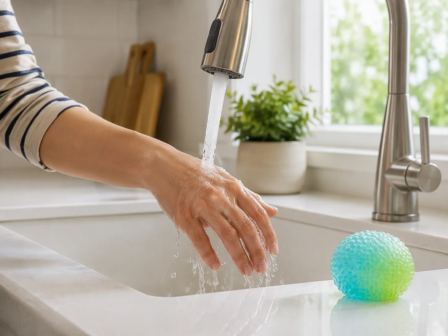 An adult hand held under cool running water with a squishy gel ball set aside