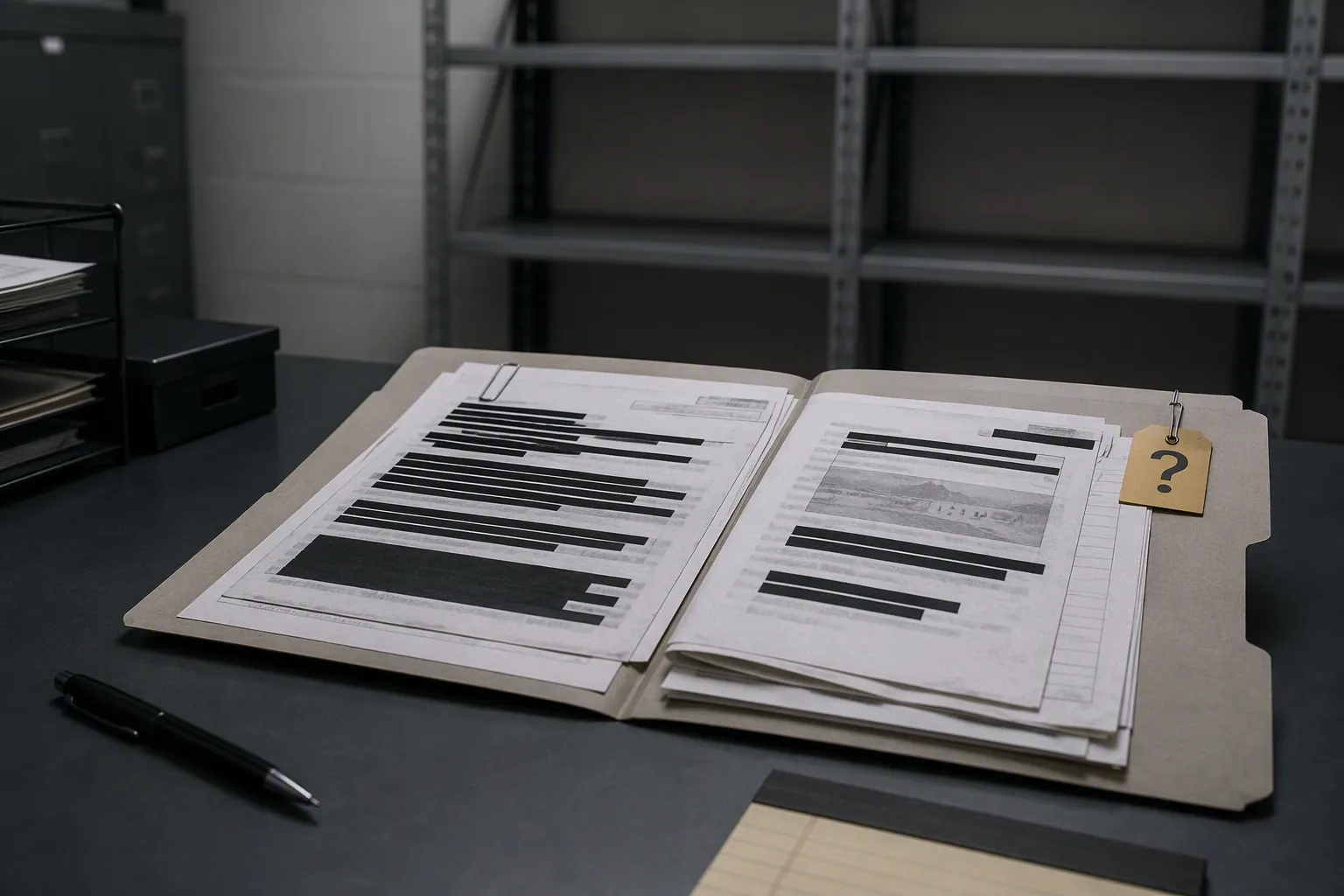 Government case folder with redacted paperwork, a question-mark tag, and an empty evidence shelf