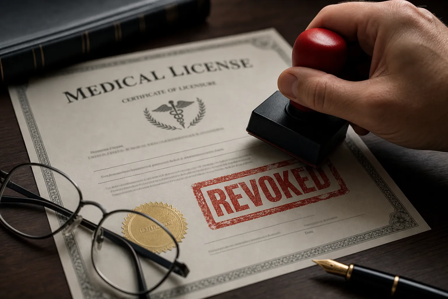 Red revoked stamp being pressed onto a professional medical license certificate