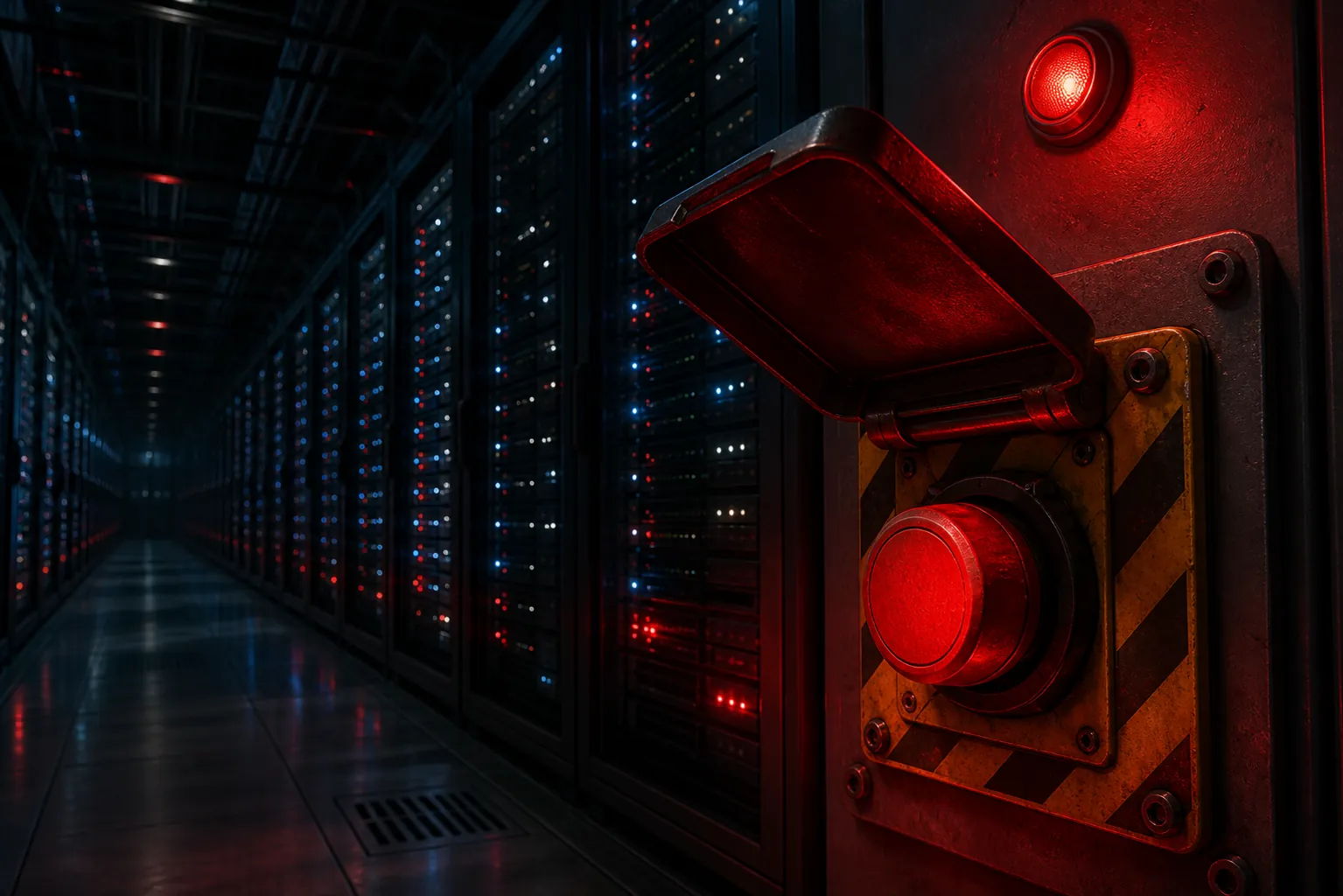 Datacentre server hall with a red emergency shutdown switch under warning lighting