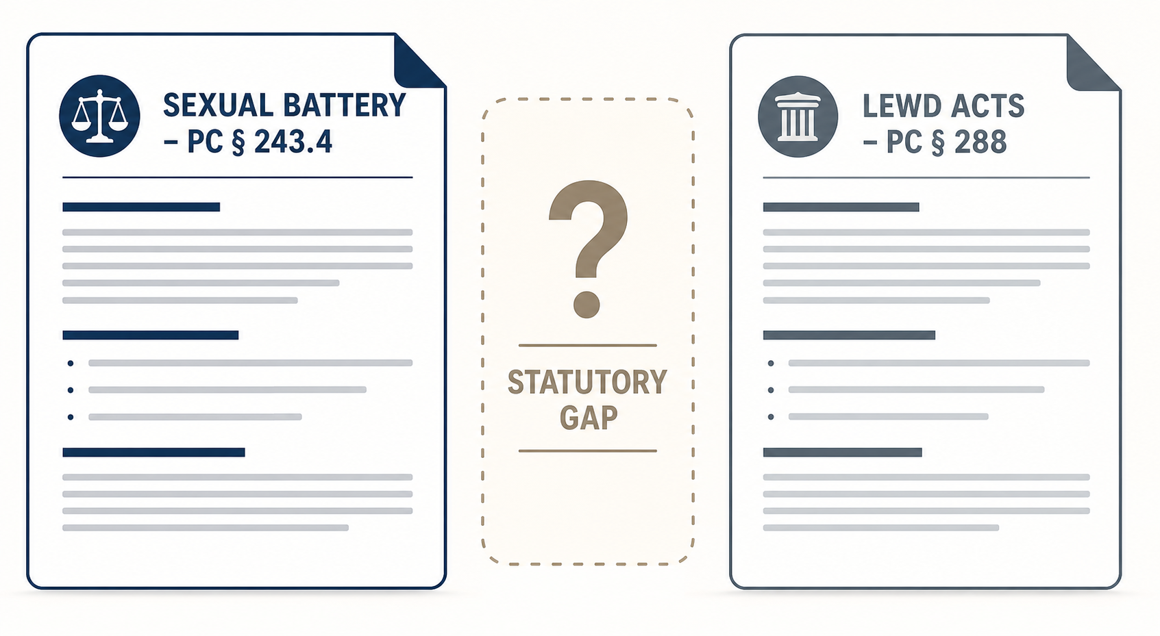 Two legal document icons with a highlighted gap representing the statutory divide between sexual battery and lewd acts law
