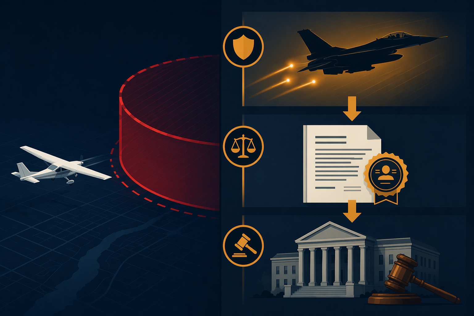 Three-tier escalation framework showing NORAD intercept, FAA enforcement, and DOJ prosecution after a TFR violation