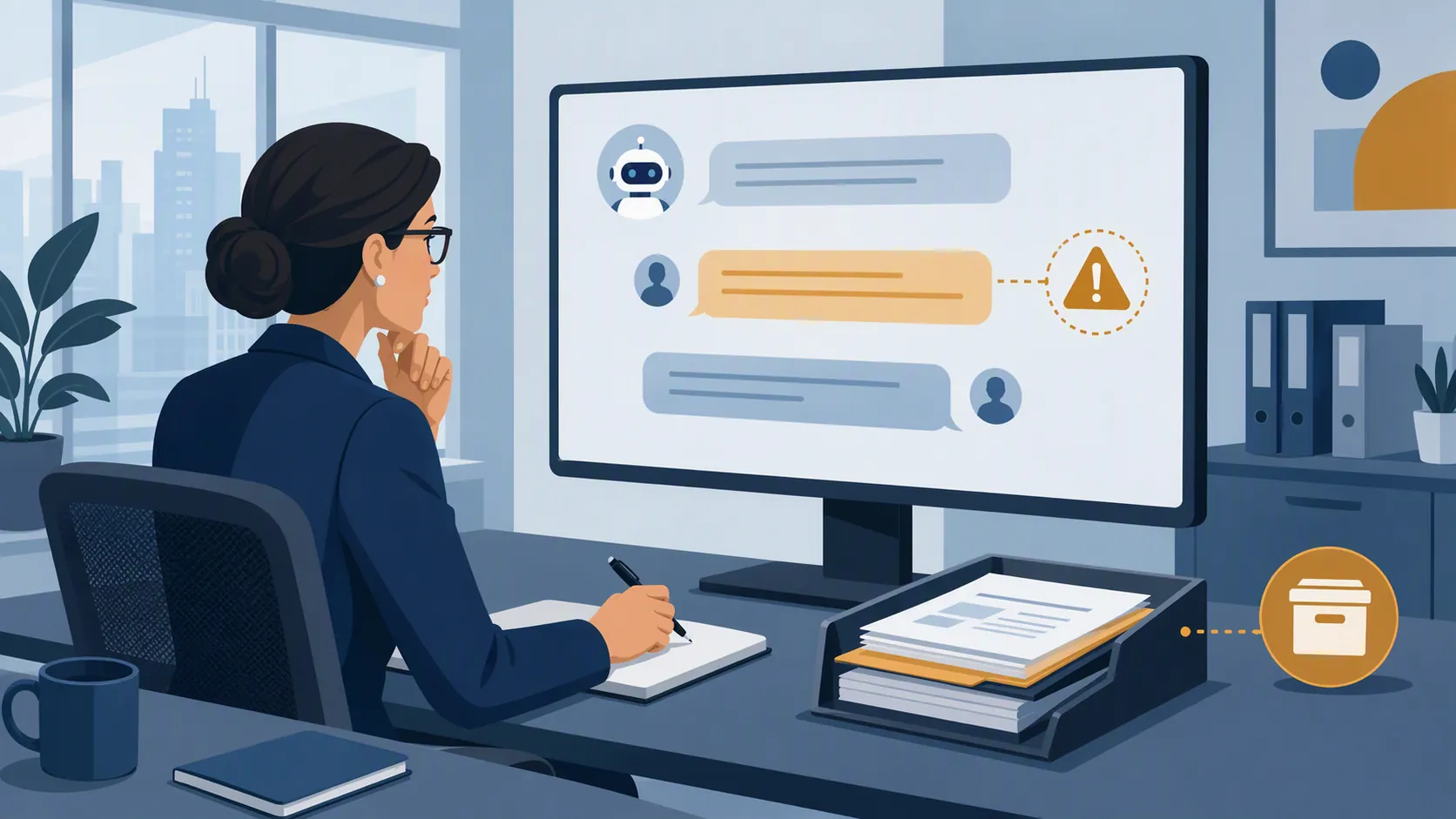 Compliance supervisor reviewing AI chatbot conversation bubbles with hallucination-risk alert and archive icon