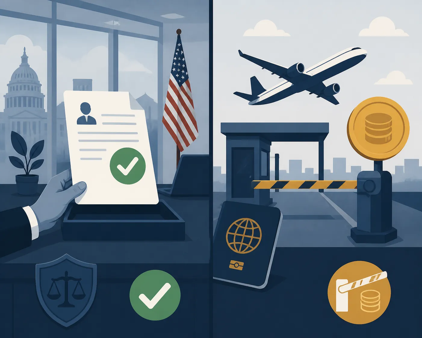 Split illustration showing domestic H-1B approval inside a U.S. office compared with a passport and plane at a border toll gate