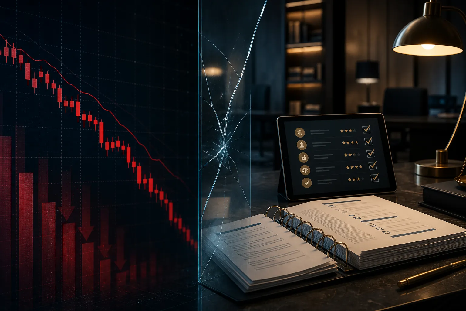 A split scene showing a red stock selloff chart beside a law firm contract binder and vendor evaluation checklist