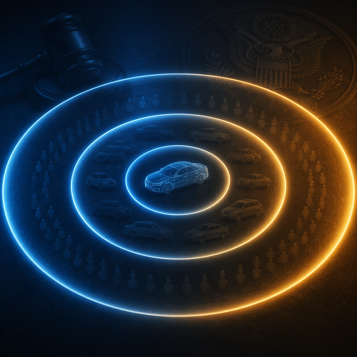 Expanding circular rings over a legal document background representing successive recall scope increases