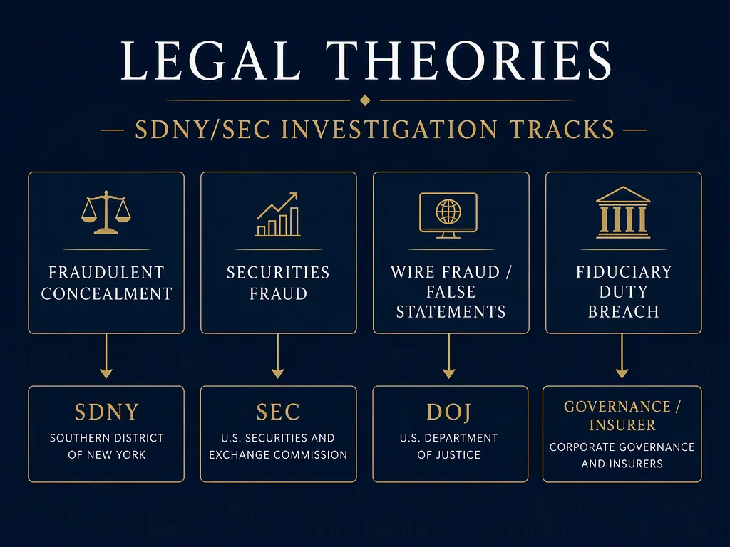 Infographic connecting four legal theories to SDNY, SEC, DOJ, and insurer governance oversight