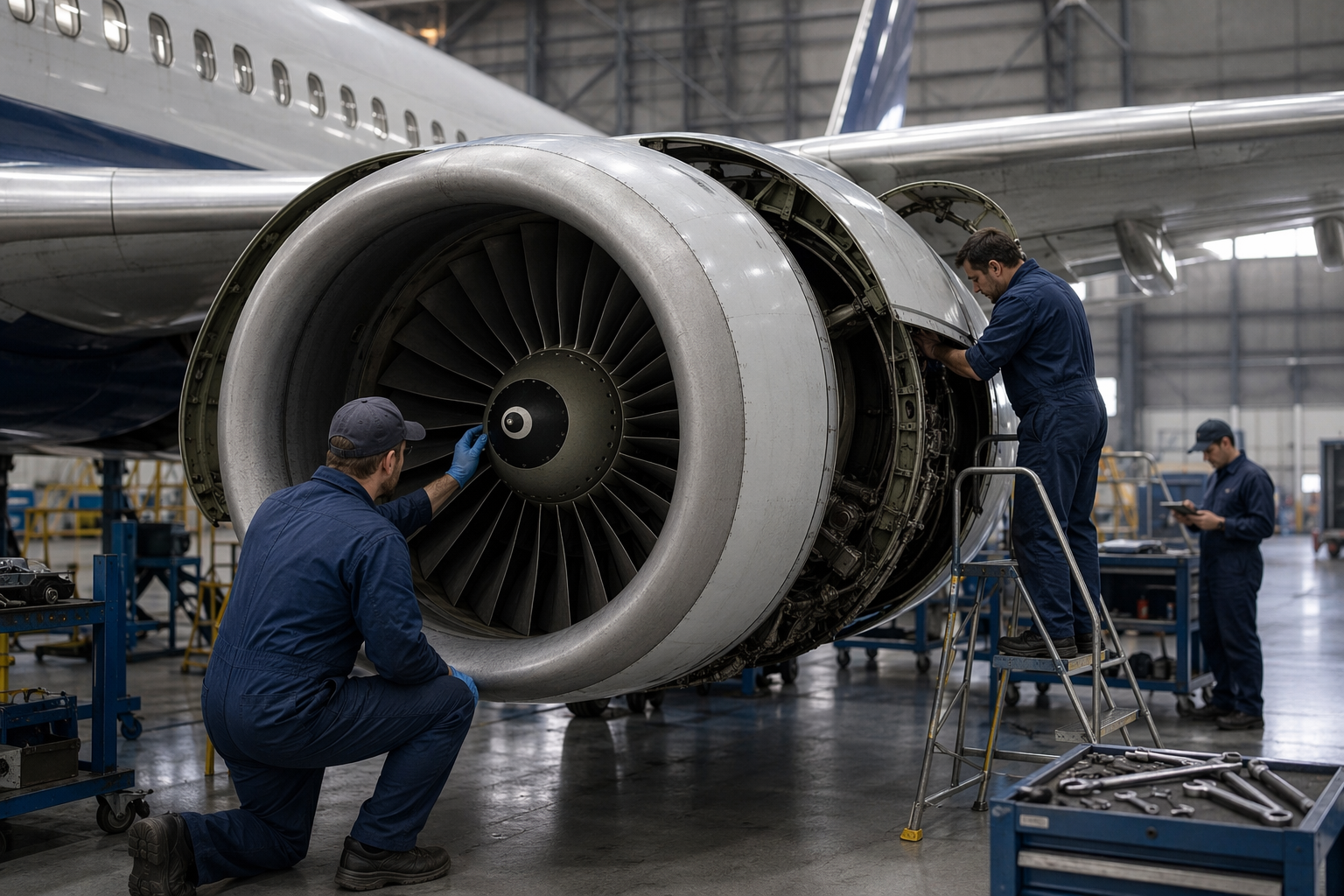 CFM56-7B jet engine in a maintenance hangar with technicians and inspection equipment