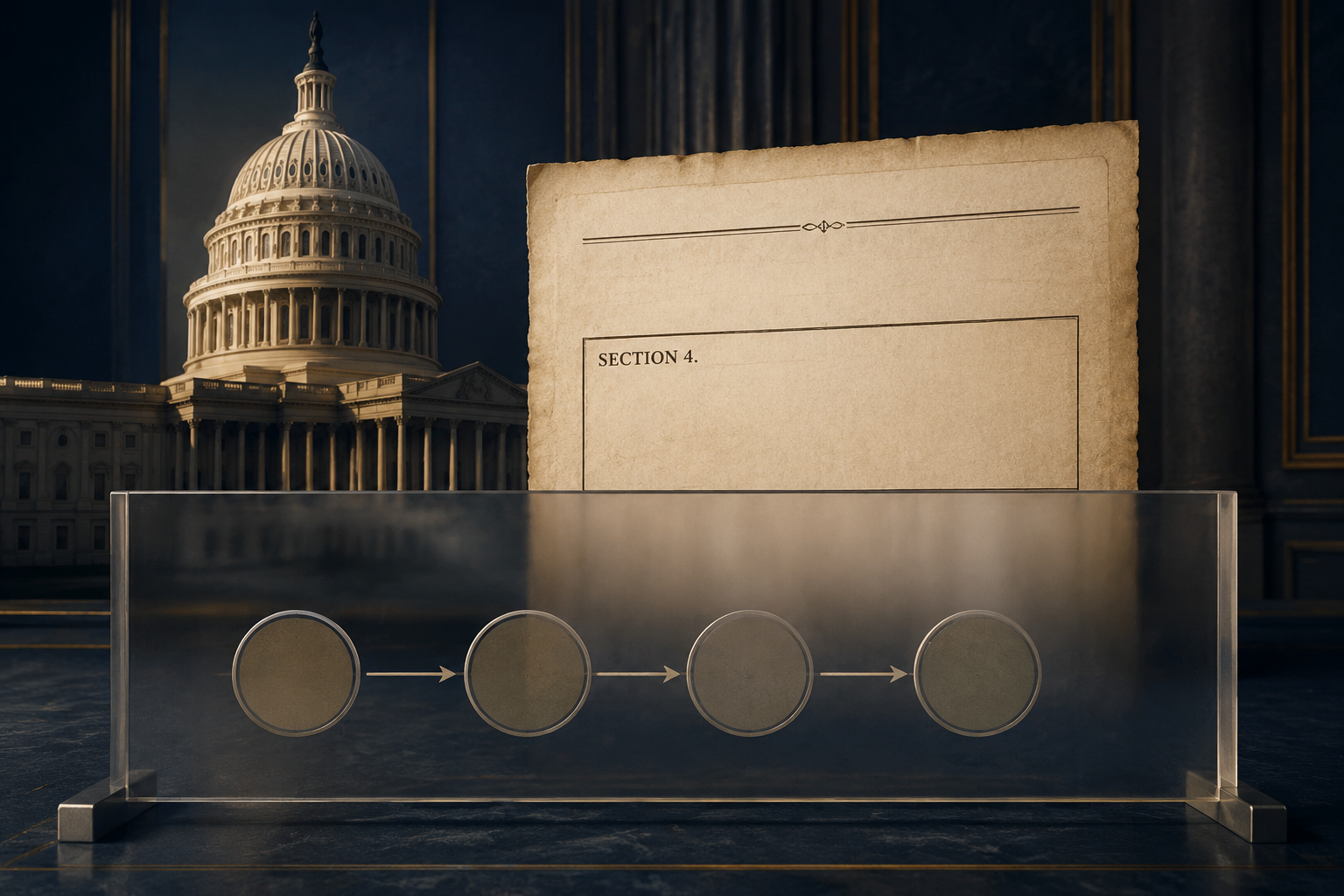 U.S. Capitol and constitutional document with four markers separated by a tall barrier representing Section 4's high political threshold