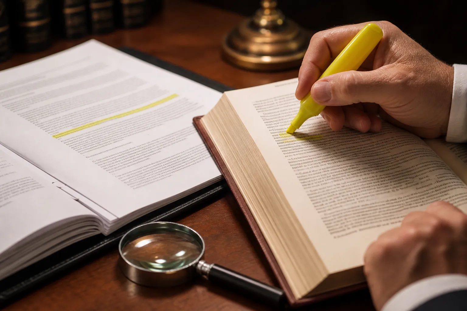 Lawyer cross-checking a legal brief against a primary source