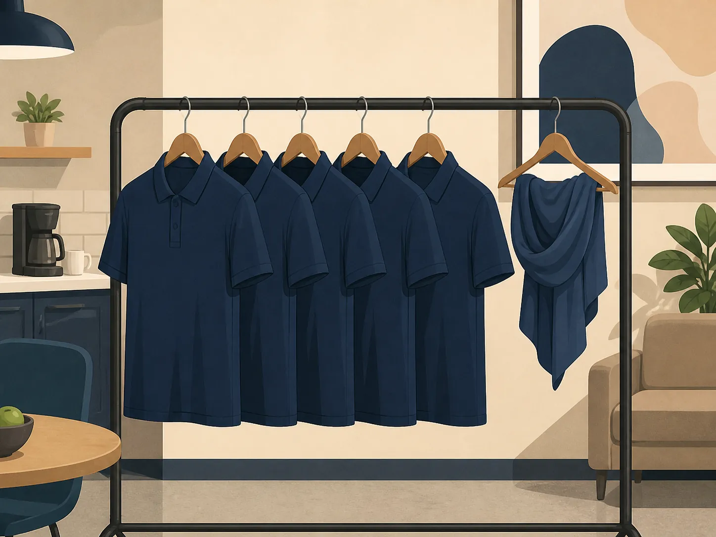 Workplace clothing rack with identical polo shirts and a folded headscarf set apart for accommodation