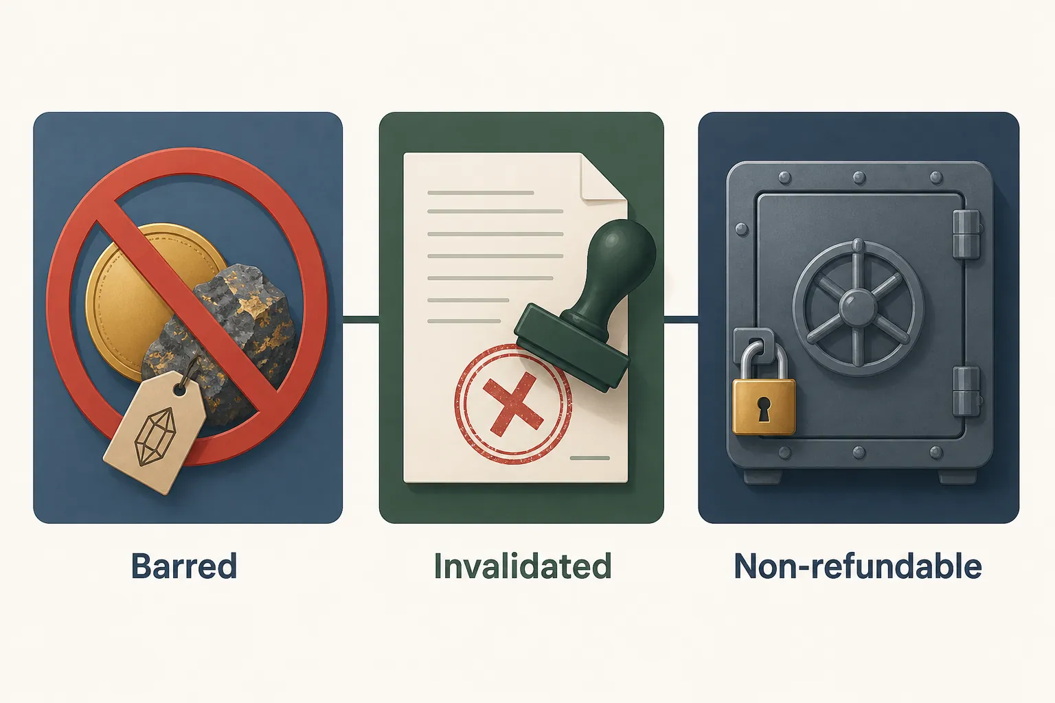 Three-panel illustration showing prospective levies barred, unpaid demands invalidated and recovered amounts non-refundable