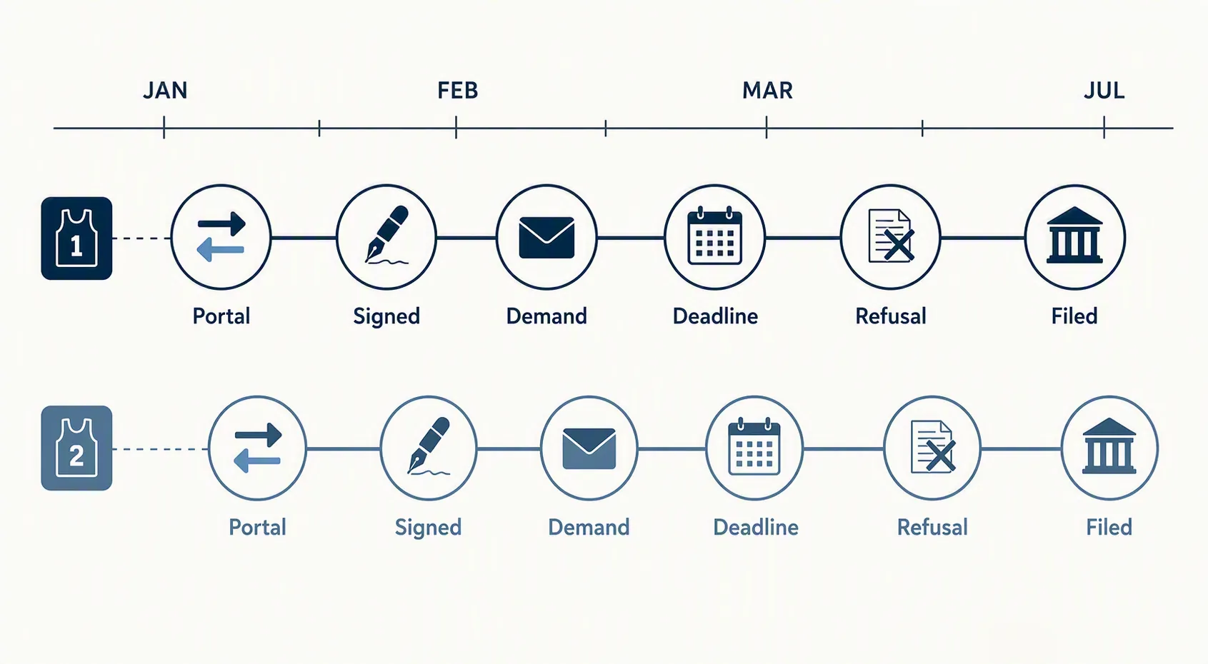 Parallel timeline illustration showing portal, signed, demand, deadline, refusal, and filed nodes from January through July