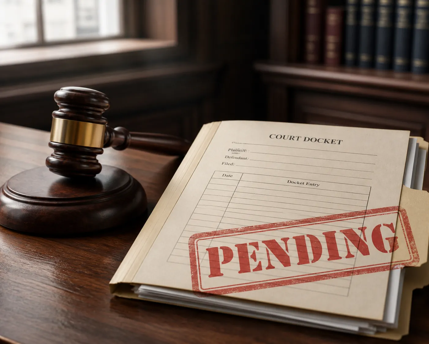 Judge's gavel beside an open court docket file marked pending